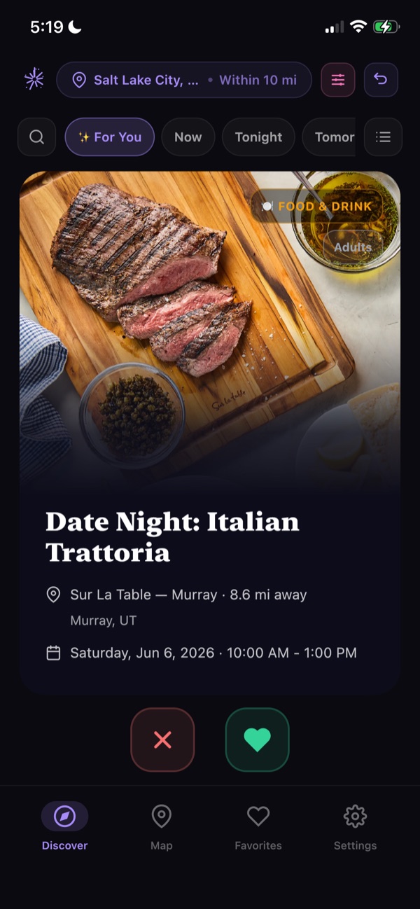 Swiping through a Date Night event card in the Haps discovery feed