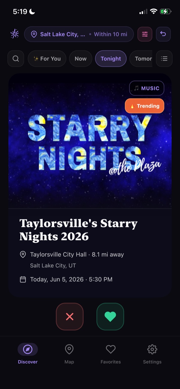 A trending event showing under the Tonight filter