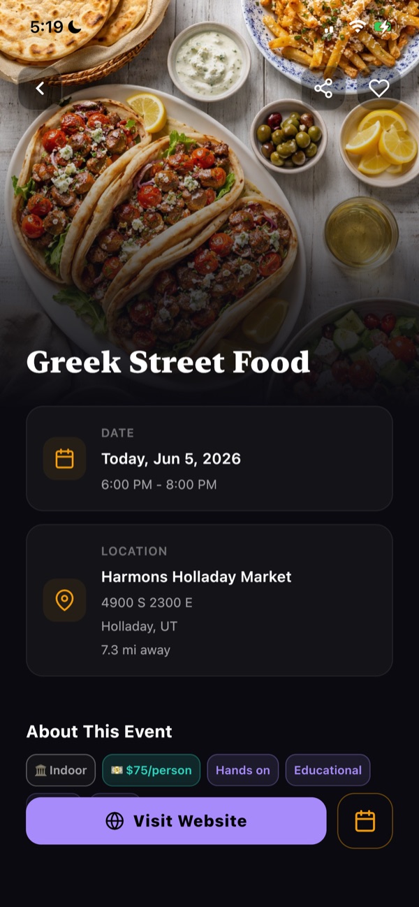 Event detail page with photos, time, location, and tags