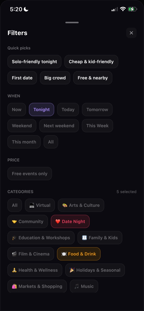 Filters panel with quick picks, time, price, and category options