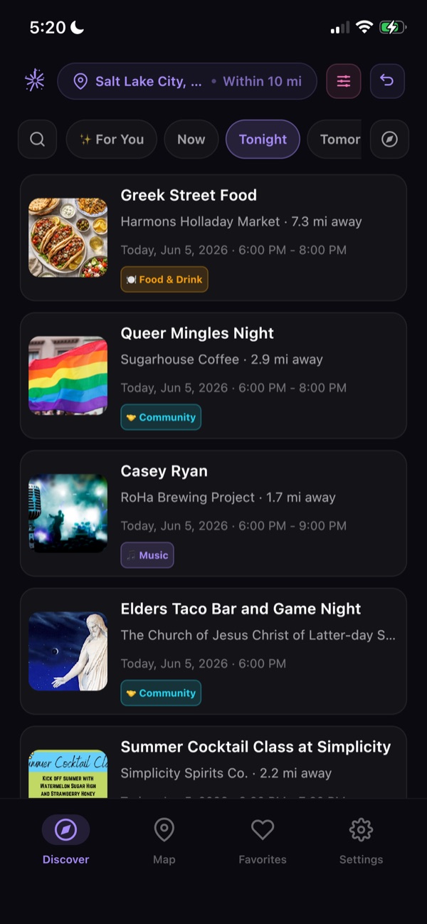 A scrollable list of nearby events happening tonight
