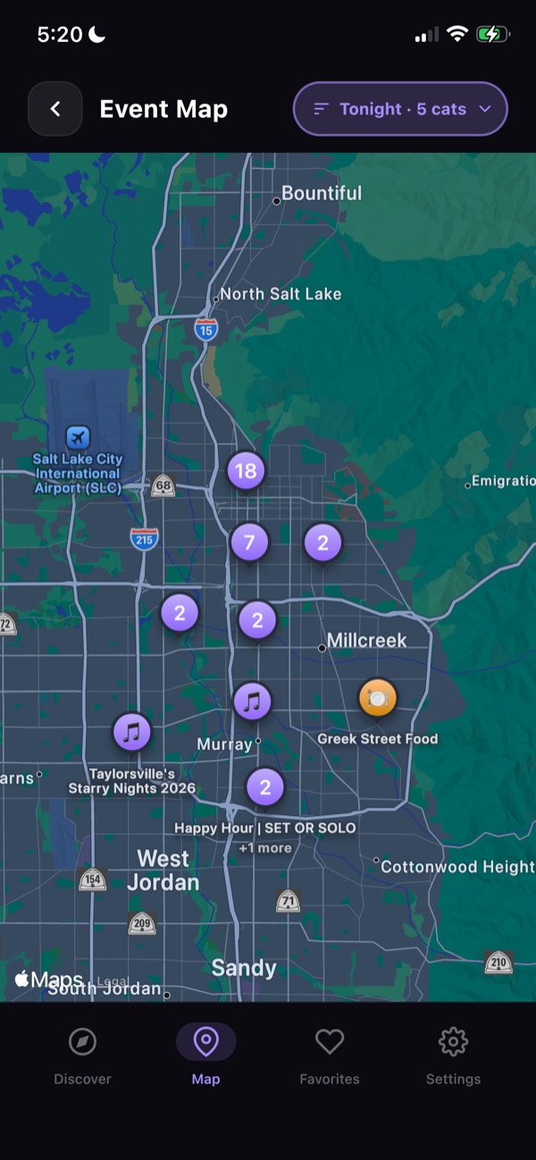 Map view with event pins across the Salt Lake City area