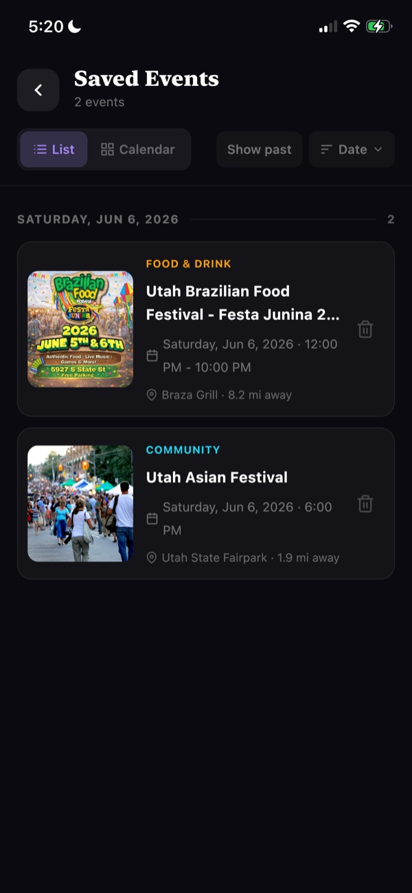 Saved events list with two favorited festivals